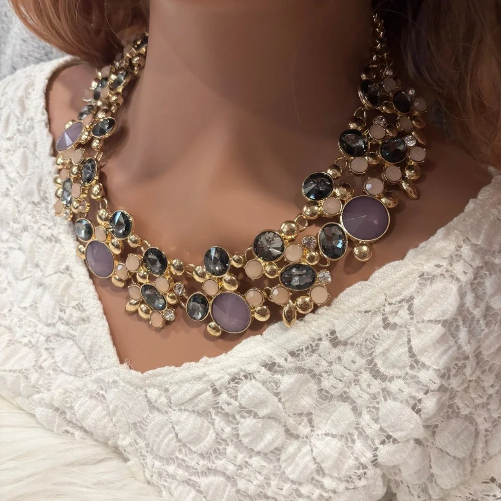 Elegant Bib Necklace Statement Purple Grey Gold Tone Cabochon Glam Evening 20587